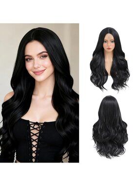 Women's Black 26 Inch Middle Part Natural Looking Synthetic Curly Wigs